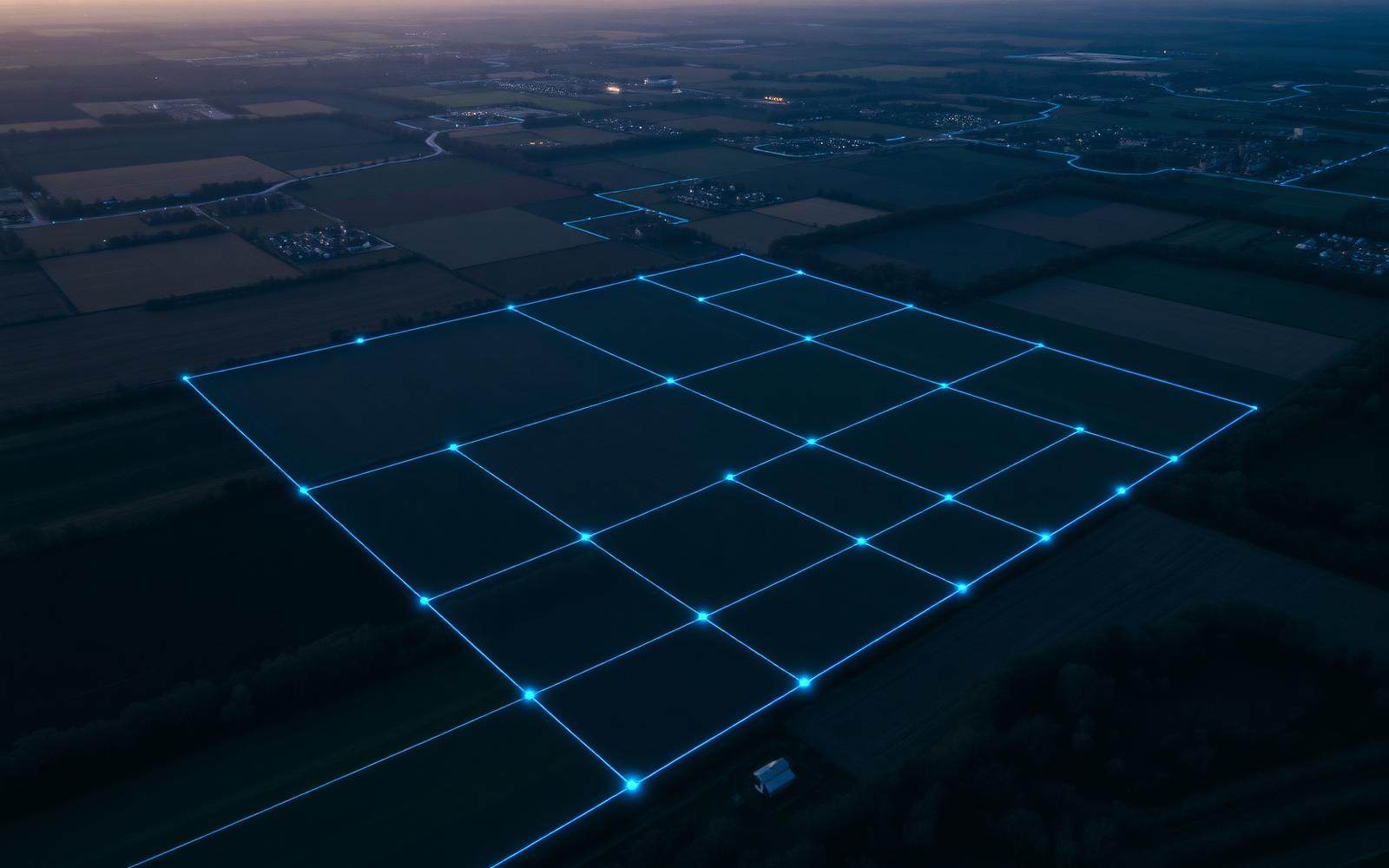 Luchtopname van een perceel met blauwe meet-grid
