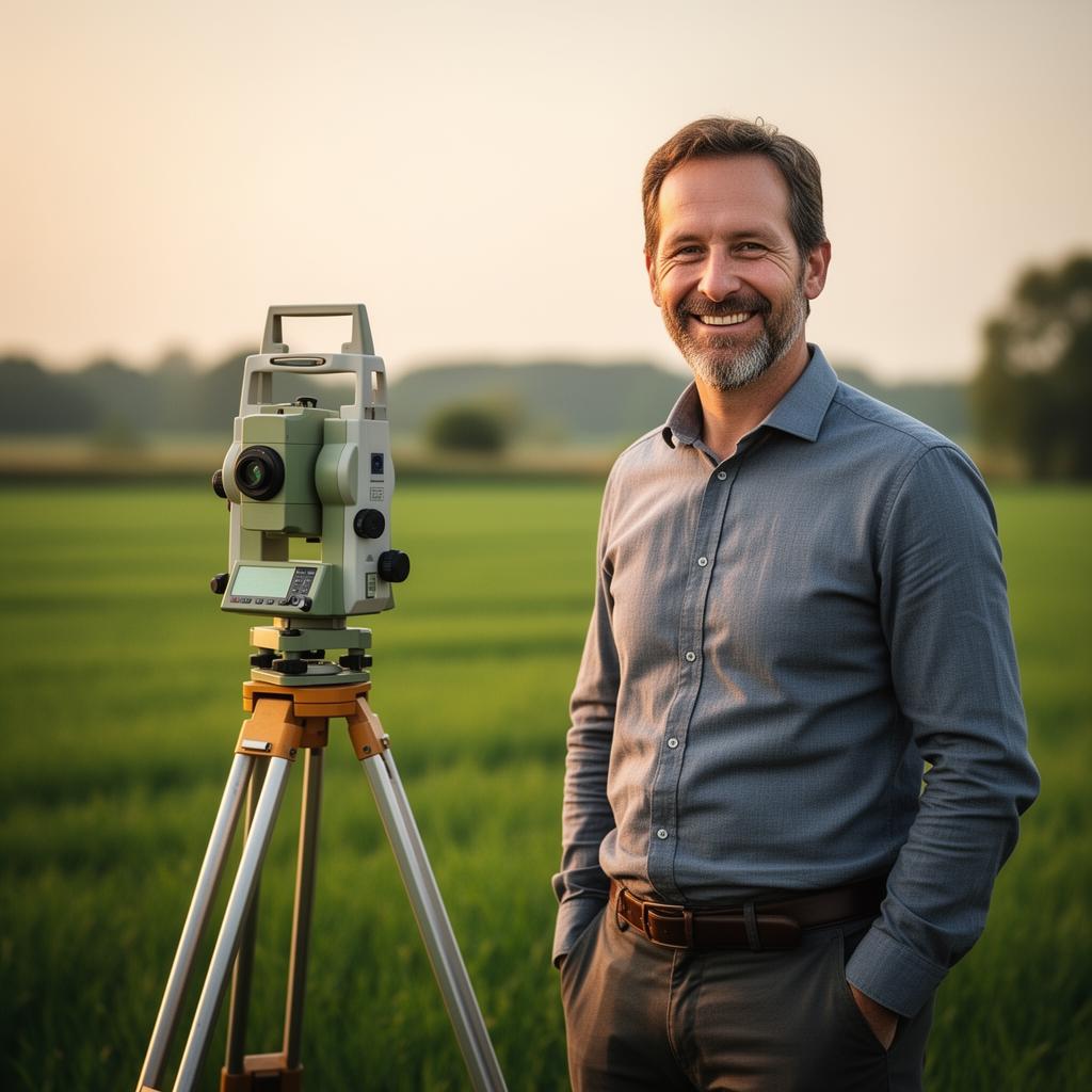 Frederik Pluym, beëdigd landmeter-expert, op locatie met een total station in een Vlaams veld